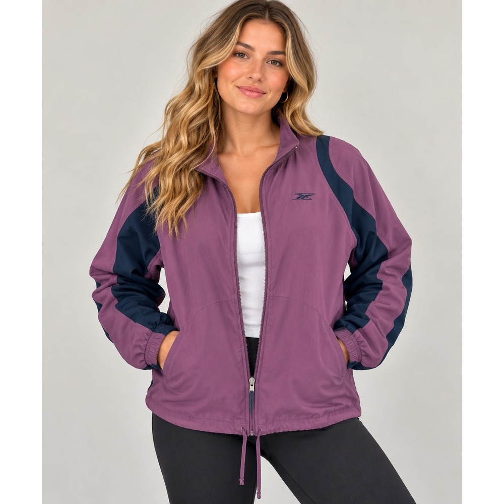 Reebok Women L Purple Navy Track Jacket Y2K Full Zip Retro Athletic Windbreaker